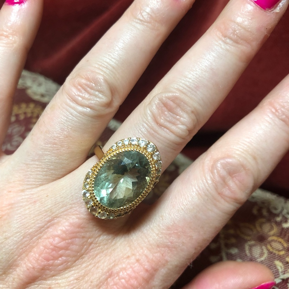 Green amethyst ring halo cubic zirconia  18 k gold over sterling silver size 7.